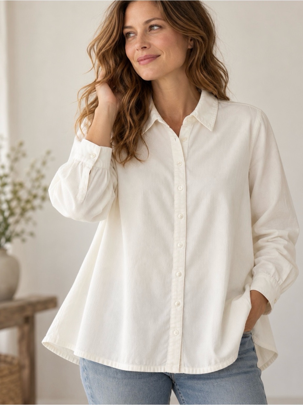 J. Jill Soft White Ivory 100% Cotton Corduroy A-Line Button Down Shirt Sz Small